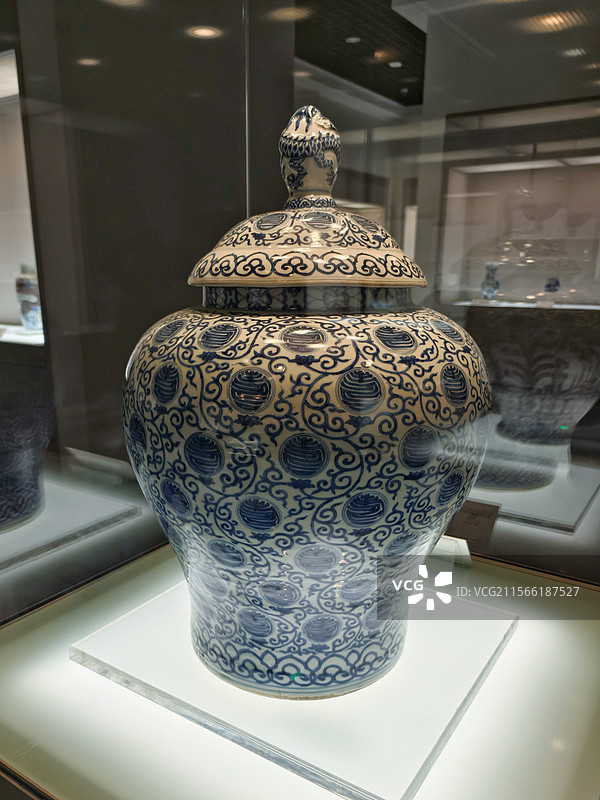 青花缠枝莲托寿字纹盖罐 明 万历款 天津博物馆图片素材