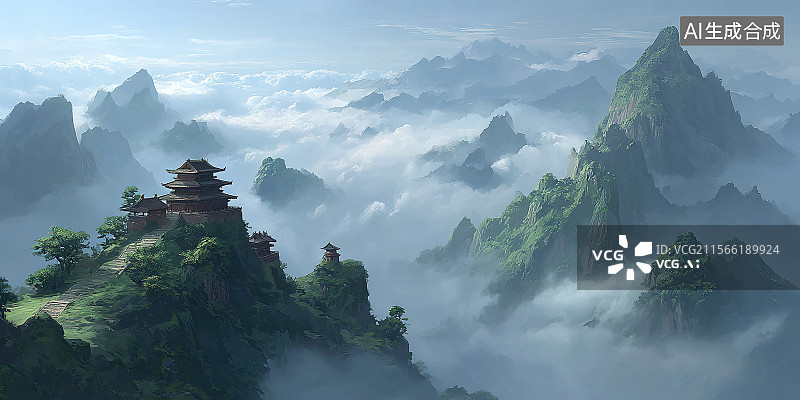 【AI数字艺术】国潮风中国画游戏场景概念设计场景写实厚涂插画古代武侠江湖古建筑仙侠仙境大气氛围感祥云烟雾缭绕绿树青山图片素材