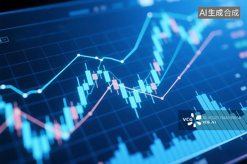 【AI数字艺术】股市数据图表 K线图 折线图 蜡烛图 金融科技 股市 证券 上涨 下跌图片素材