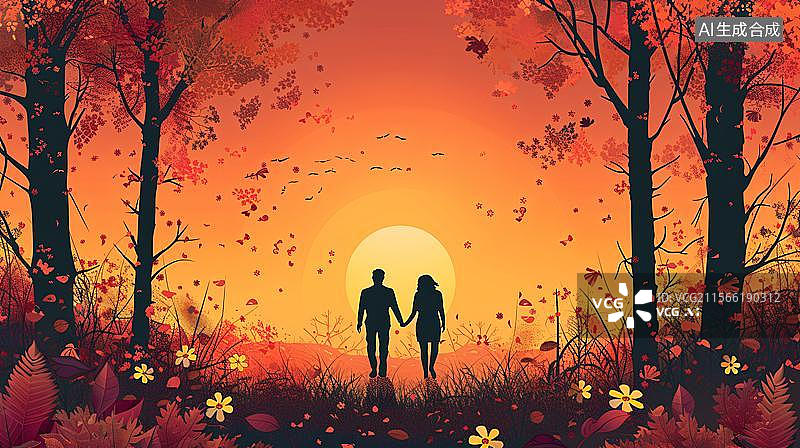 【AI数字艺术】情侣两人手牵手在夕阳下散步的背影插画图片素材