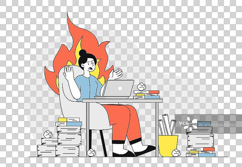 愤怒的女性在工作场所，年轻女孩在火中图片素材