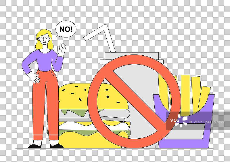 女人拒绝快餐，年轻女孩说不。图片素材