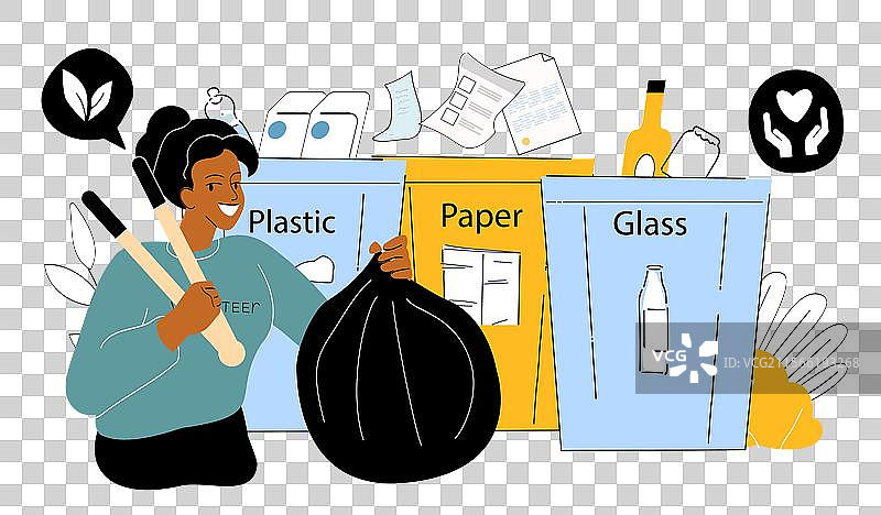 女人在垃圾桶旁整理垃圾，年轻女孩在一旁。图片素材