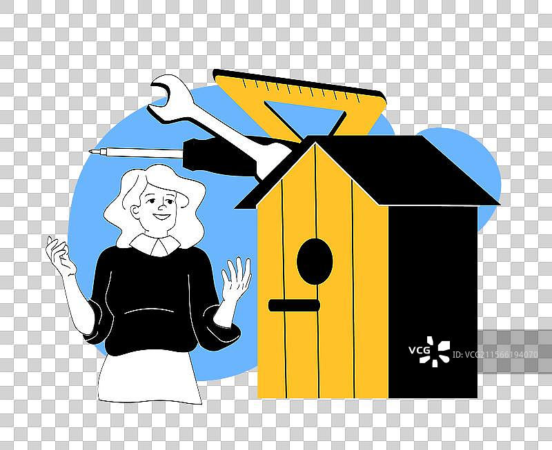 年轻女孩在大型喂鸟器旁制作鸟屋图片素材