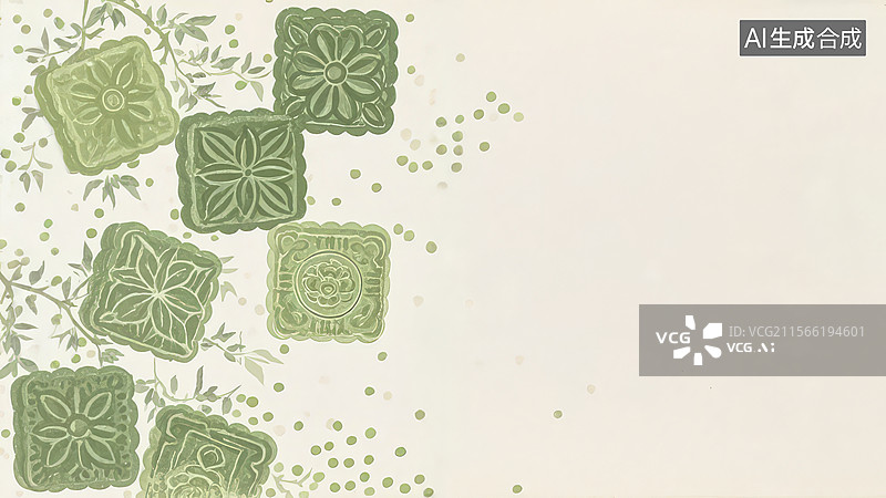 【AI数字艺术】水墨画居左1绿色花纹方块图案背景图片素材