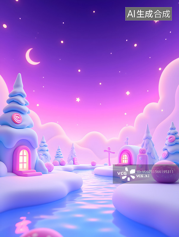 【AI数字艺术】梦幻抽象的冬天场景插画图片素材