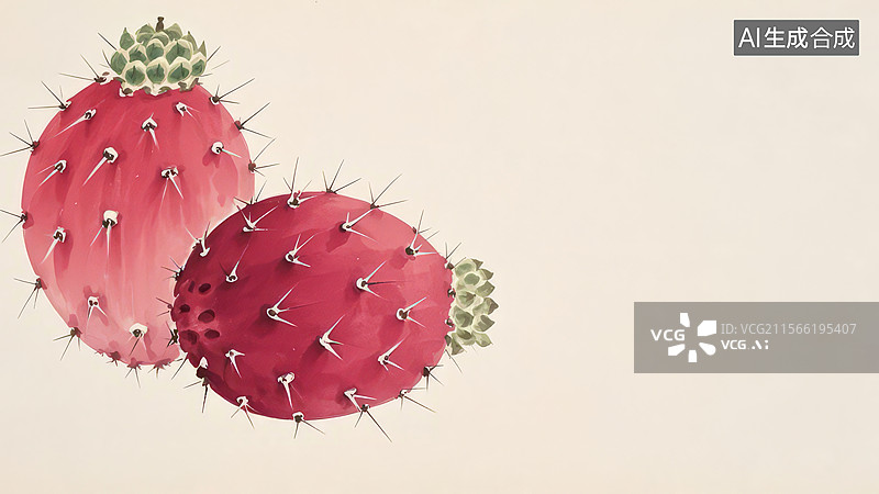 【AI数字艺术】水墨画居左1两个红色仙人掌果实的绘画图片素材