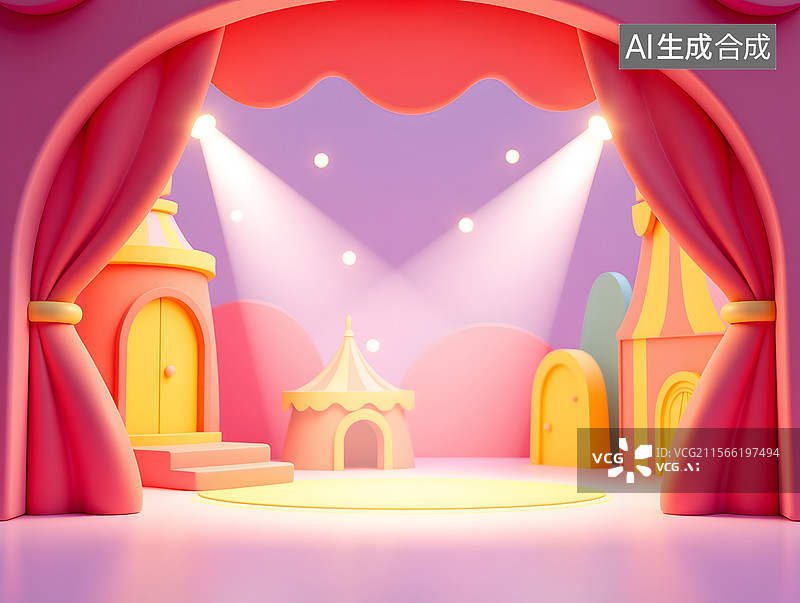 【AI数字艺术】愚人节卡通舞台的三维渲染场景插图图片素材