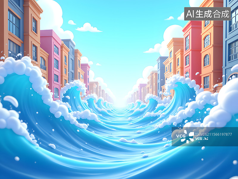 【AI数字艺术】暴雨洪水淹没房屋的场景3D插画图片素材