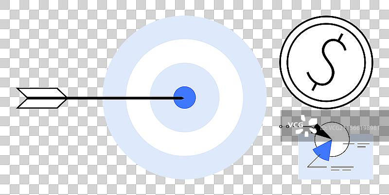 箭矢击中中心靶心，旁边是一枚美元硬币图片素材