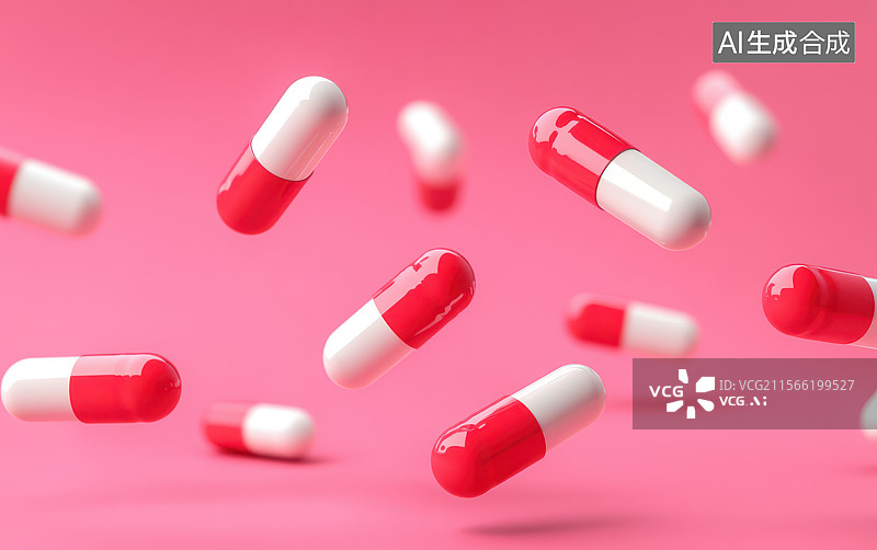 【AI数字艺术】粉红色背景的红白胶囊医药图像图片素材