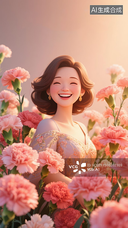 【AI数字艺术】康乃馨花束围绕的妈妈插画图片素材