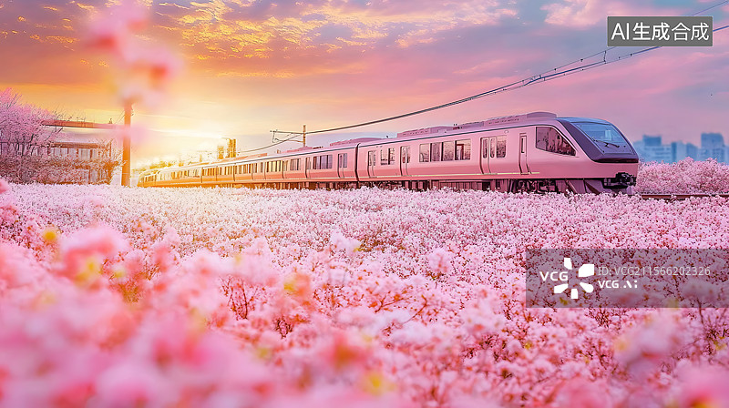 【AI数字艺术】高速列车高铁地铁火车穿过春天的花海高山草原图片素材