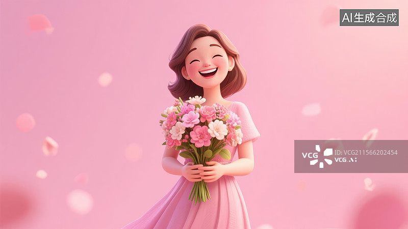 【AI数字艺术】捧花的幸福少女3d卡通插画图片素材