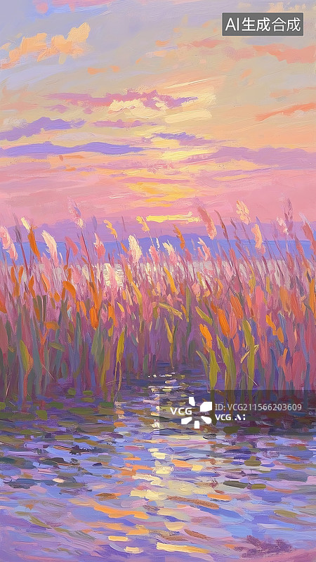 【AI数字艺术】湖面上的芦苇风景插画图片素材