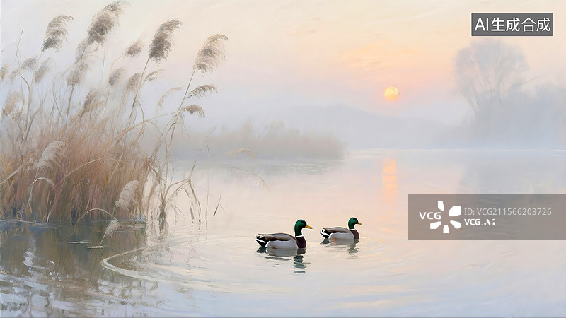 【AI数字艺术】夕阳下湖面上两只水鸭图片素材