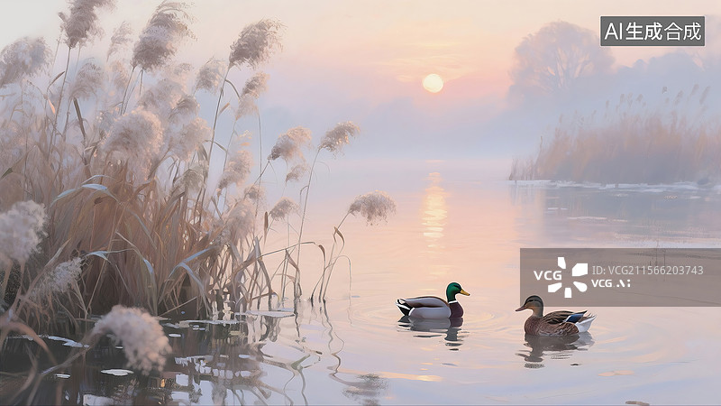 【AI数字艺术】夕阳下湖面上两只水鸭图片素材