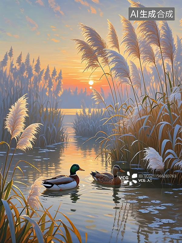 【AI数字艺术】夕阳下湖面上两只水鸭图片素材