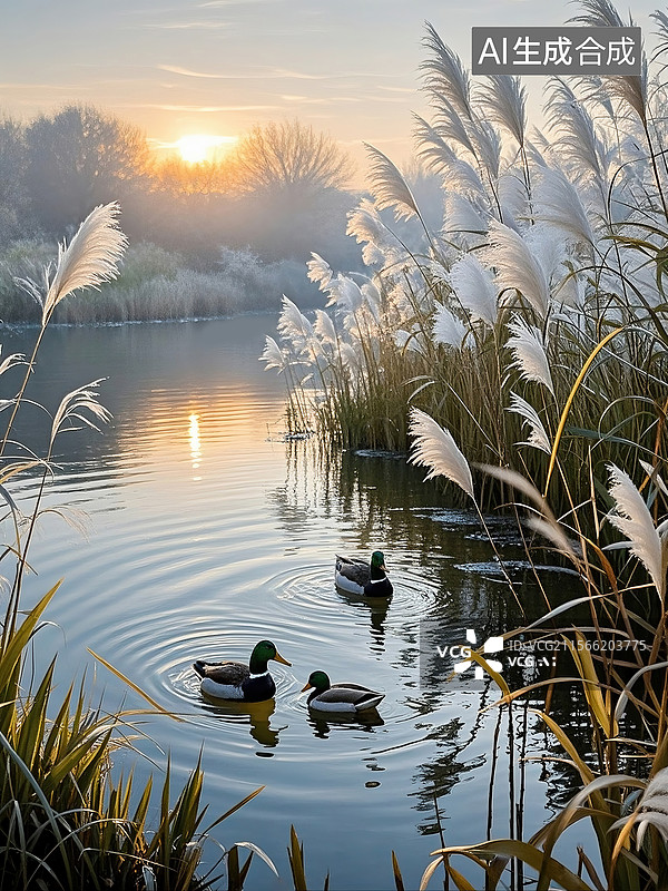 【AI数字艺术】夕阳下湖面上两只水鸭图片素材