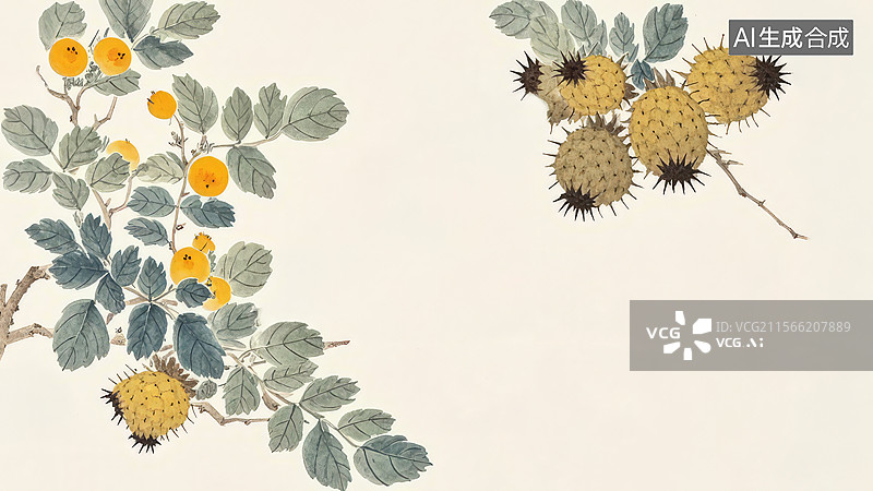 【AI数字艺术】水墨画两侧1植物插画：带刺果实与黄色花朵图片素材