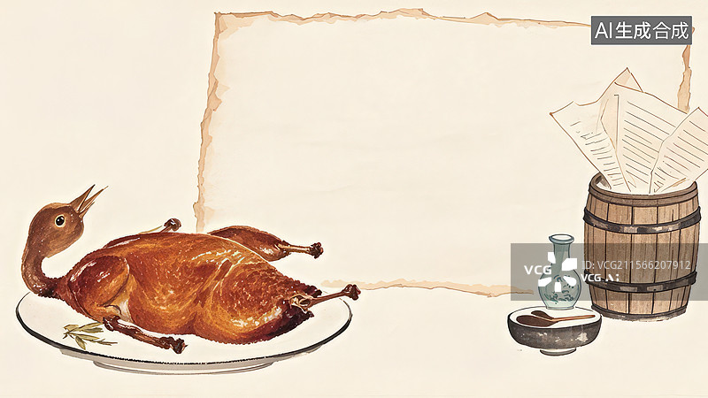 【AI数字艺术】水墨画两侧1烤鸭配酒桶和纸张图片素材