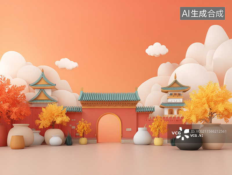 【AI数字艺术】国风山水意境三维插画背景图片素材