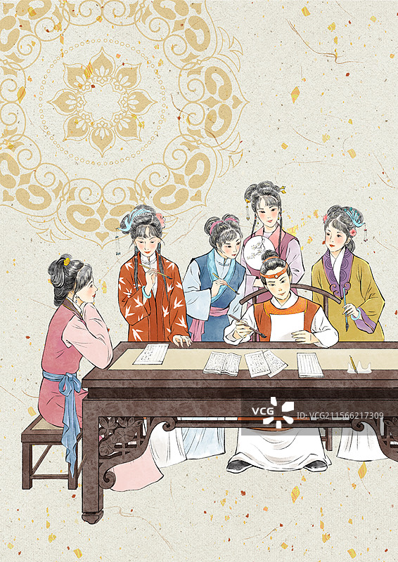 红楼梦典故海棠诗社插画，贾宝玉与金陵十二钗，古代一群美女与才子佳人在书房里的书桌上学习写诗。图片素材