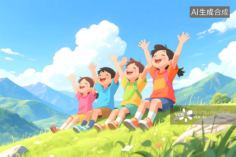 【AI数字艺术】儿童节四个孩子们坐在山坡上快乐欢呼美好童年图片素材