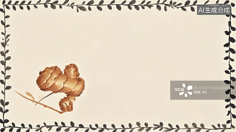 【AI数字艺术】水墨画左下1姜块与叶子边框插图图片素材