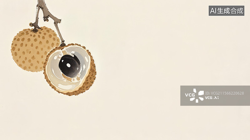 【AI数字艺术】水墨画左上1两个荔枝果实，其中一个被切开露出内部图片素材