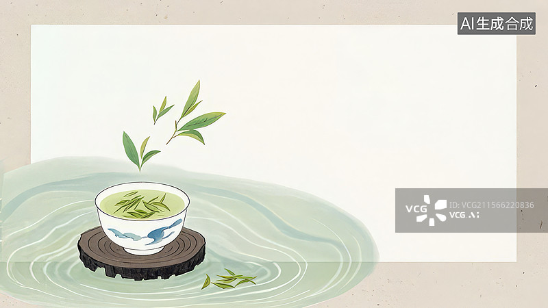 【AI数字艺术】水墨画左下1茶杯与绿叶的静谧场景图片素材
