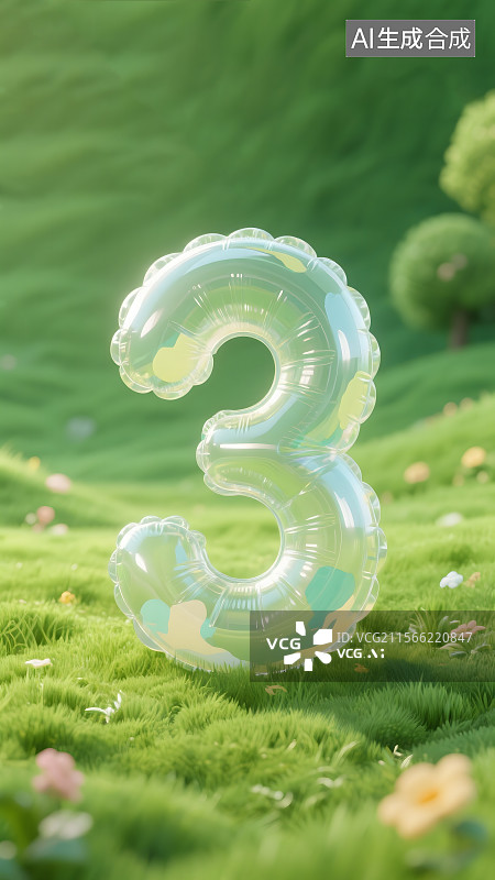 【AI数字艺术】草地上的透明气球数字3图片素材