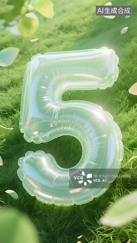 【AI数字艺术】草地上的透明气球数字5图片素材