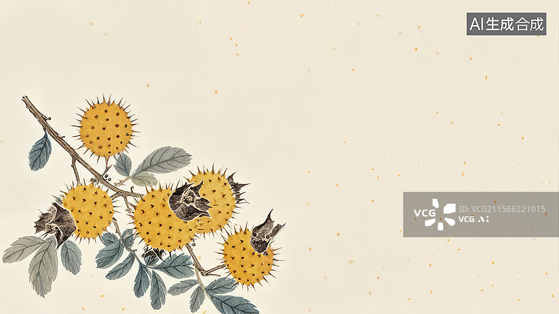 【AI数字艺术】水墨画左下1树枝上的刺果和小鸟图片素材