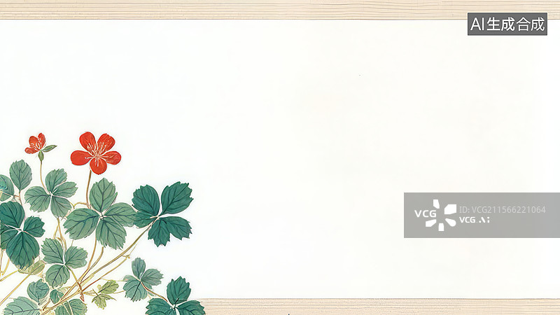 【AI数字艺术】水墨画左下1红色花朵与绿叶的植物插图图片素材