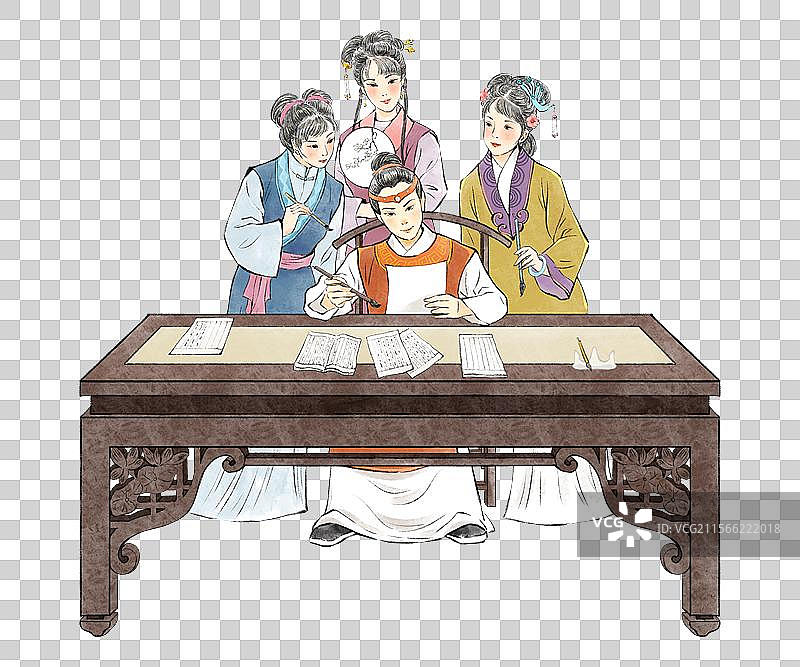 红楼梦典故海棠诗社元素，贾宝玉与金陵十二钗，古代一群美女与才子佳人在书桌上学习写诗。图片素材