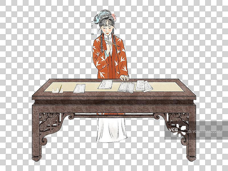 古代汉服美女拿着毛笔在书桌上写字绘画。图片素材