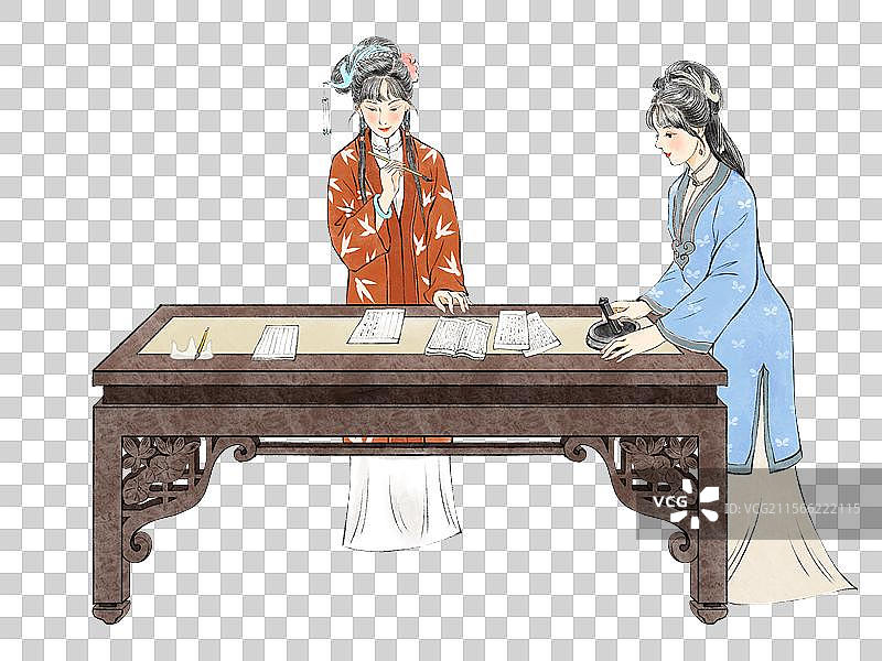 古代汉服美女拿着毛笔在书桌上写字绘画，另一个美女砚台磨墨。图片素材