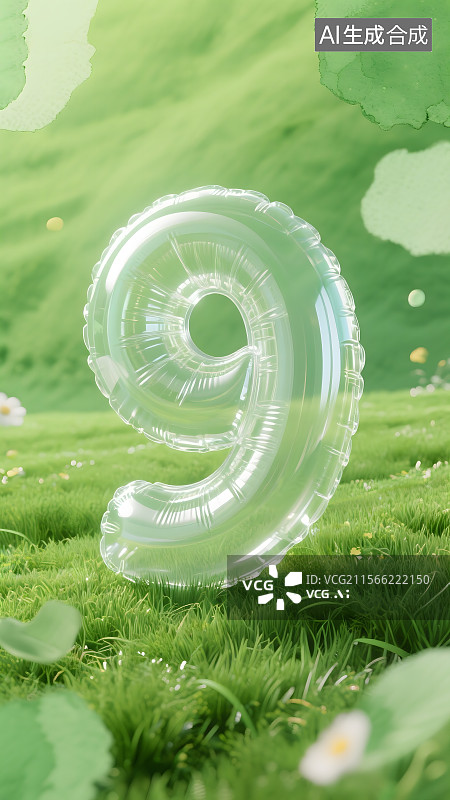 【AI数字艺术】草地上的透明气球数字9图片素材
