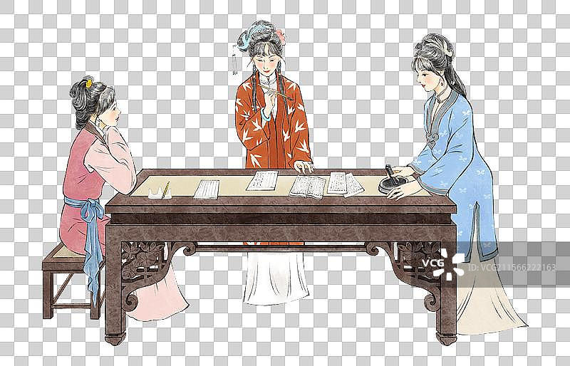 古代汉服美女拿着毛笔在书桌上写字绘画，一个美女砚台磨墨，另一个观看。图片素材