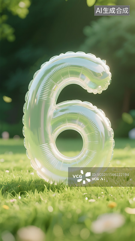 【AI数字艺术】草地上的透明气球数字6图片素材