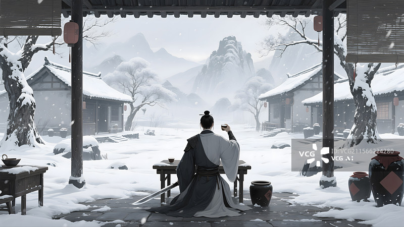 【AI数字艺术】雪山剑客的孤寂背影图片素材