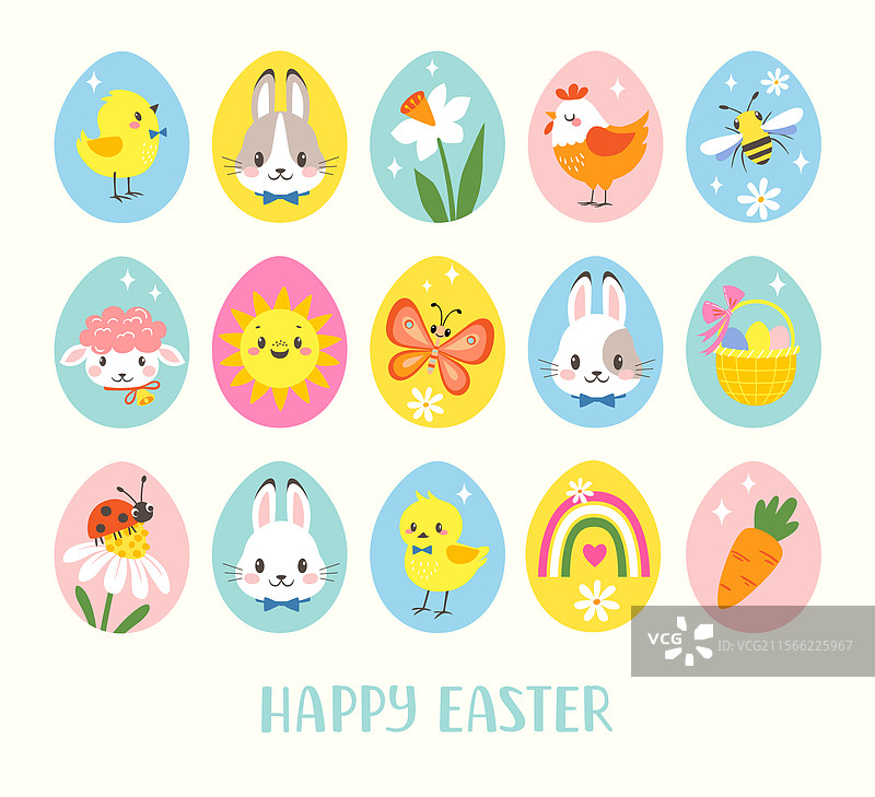 彩色复活节彩蛋与可爱角色图片素材
