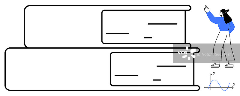 女性在一堆书旁解释数学图表图片素材