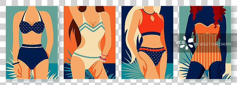 一组平面复古夏季海报，展示女性形象图片素材