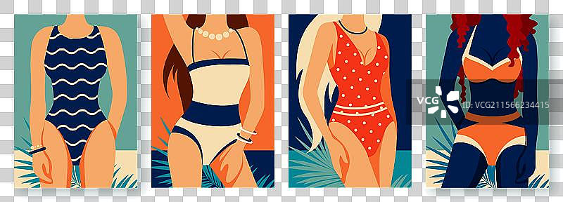 一组平面复古夏季海报，展示女性形象图片素材