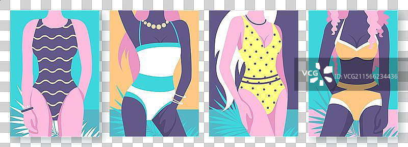 一组平面复古夏季海报，展示女性形象图片素材