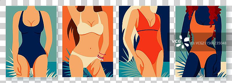 一组平面复古夏季海报，展示女性形象图片素材
