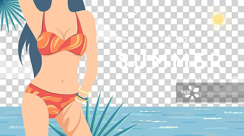 夏季复古平面海报，女孩穿着泳衣图片素材
