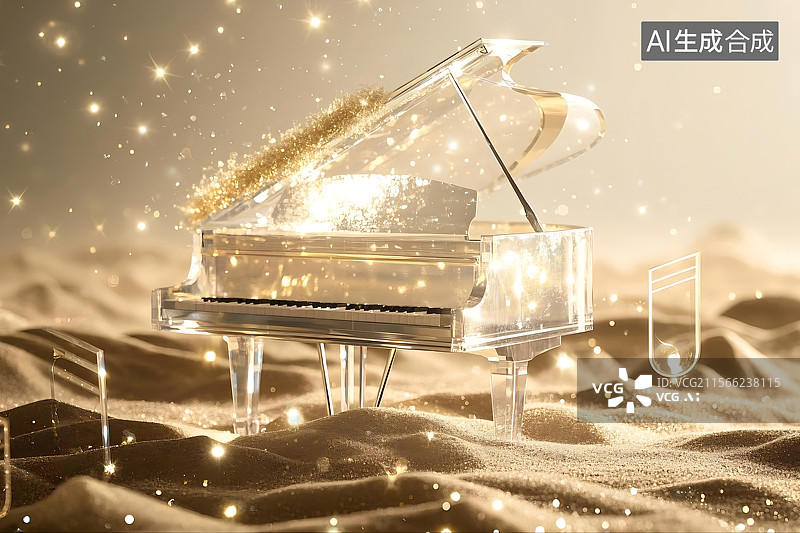 【AI数字艺术】金色沙滩上的水晶钢琴图片素材
